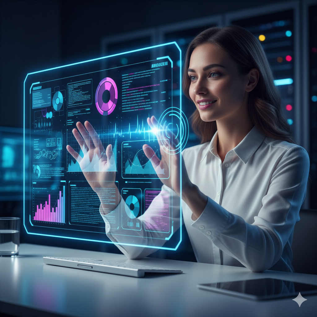 투명한 스크린 위로 떠오른 AI 인터페이스와 상호작용하며 일하는 20대 여성 모델의 모습.