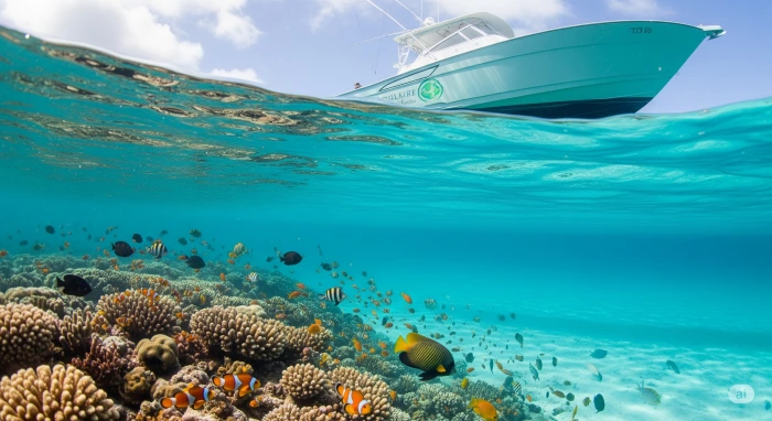 어업에서의 수자원 오염 방지와 관련하여 깨끗한 바다속의 모습과 바다위를 떠다니는 배가 그려진 모습