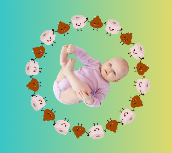 기저귀 찬 아기 주변으로 둘러싸인 귀여운 이모지 모양의 대변과 화장지 – 유아 배변 문제를 상징적으로 표현한 이미지