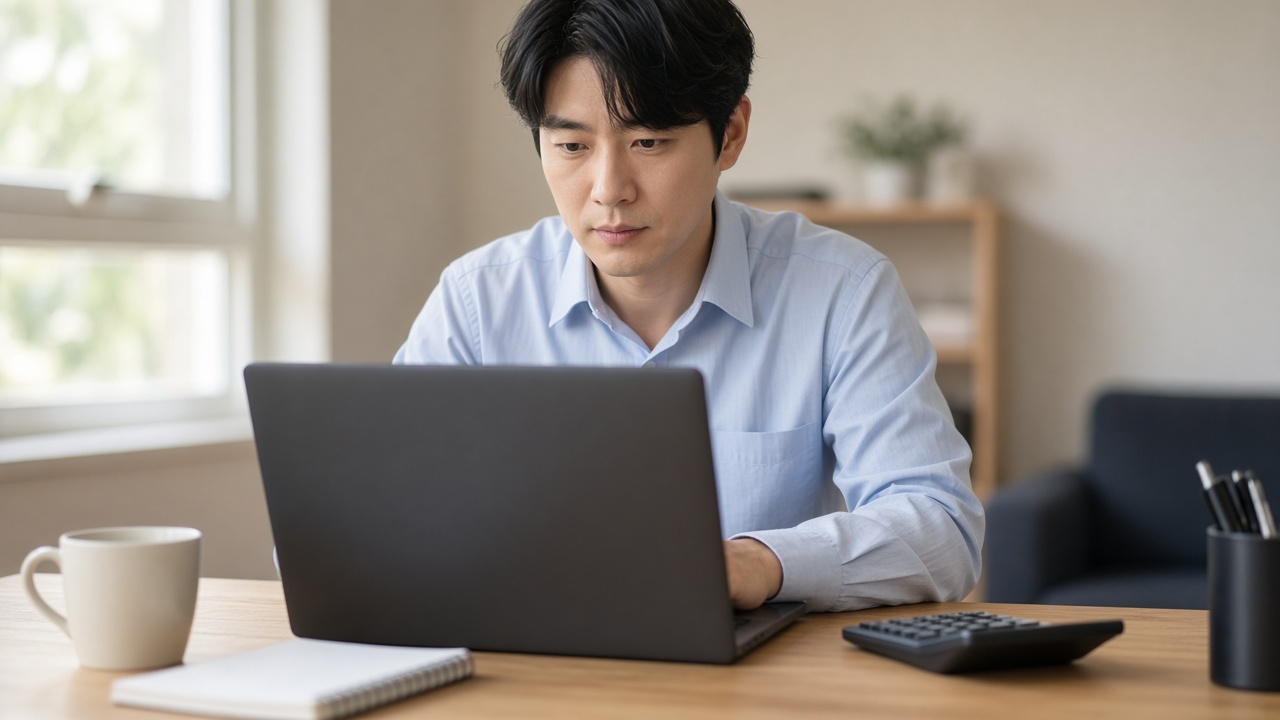노트북으로 연금계좌 납입 금액을 계산하는 30대 한국인 직장인 남성