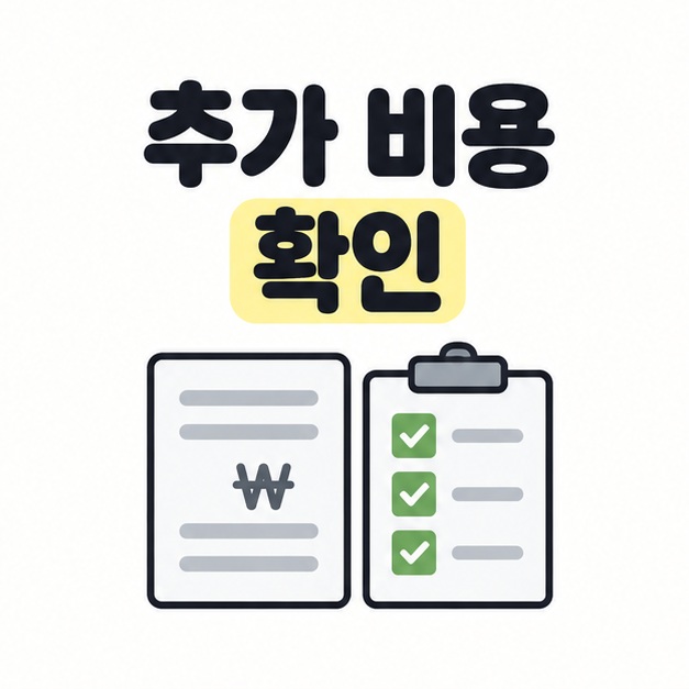 추가 비용을 확인하자는 문구와 진료비 명세서, 체크리스트 그림