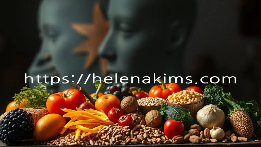 다채롭고 빛나는 신선한 영양소들(생생한 채소, 과일, 통곡물, 견과류)이 조화롭게 놓여 있는 모습.