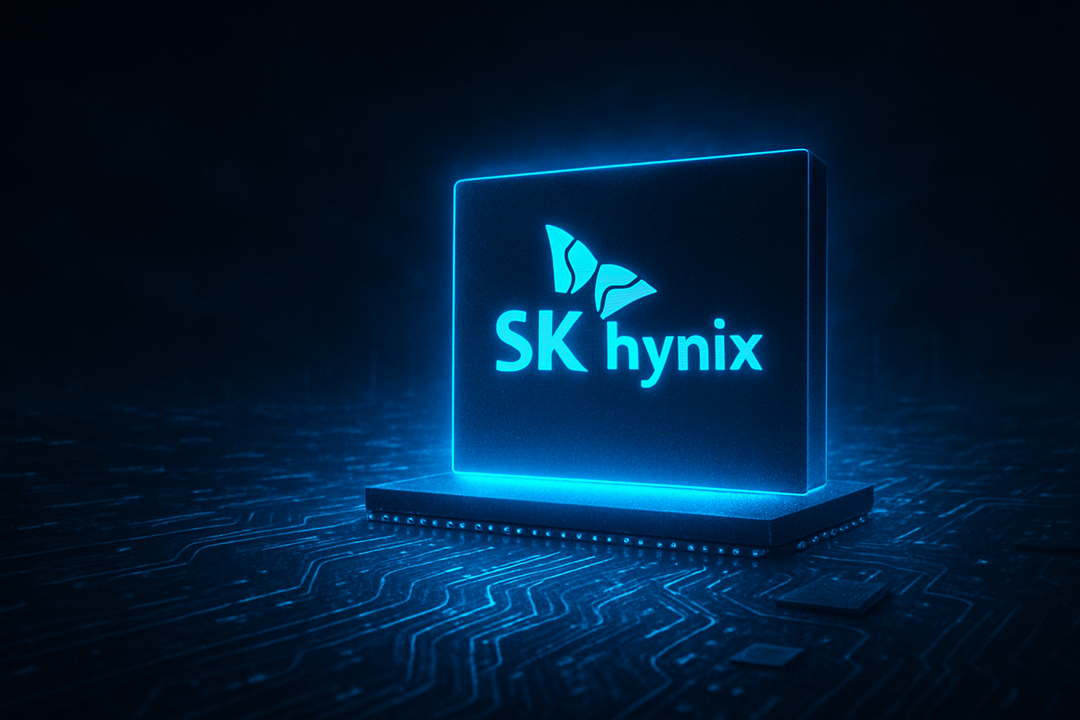 SK하이닉스를 상징하는 이미지, 어두운 배경에 비해 밝게 빛나는 메모리