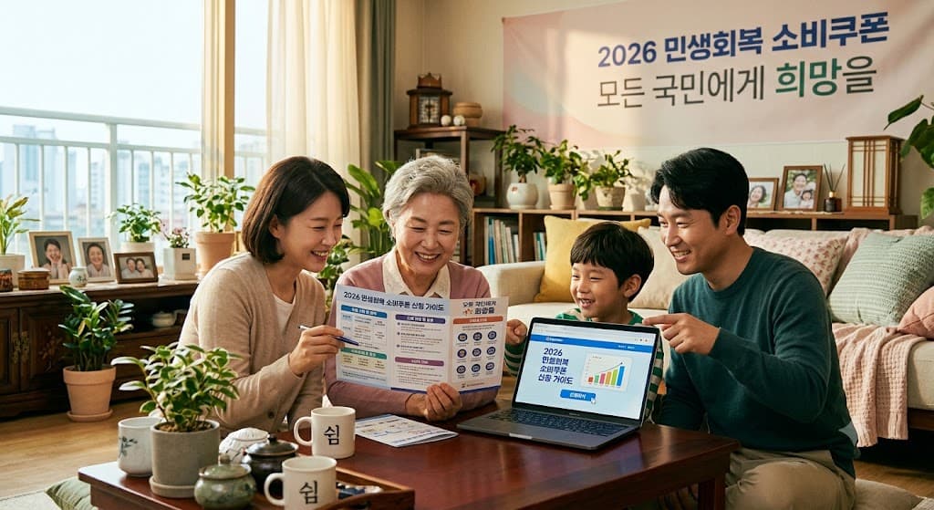 2026 민생회복 소비쿠폰 신청 가이드를 함께 보는 가족의 모습