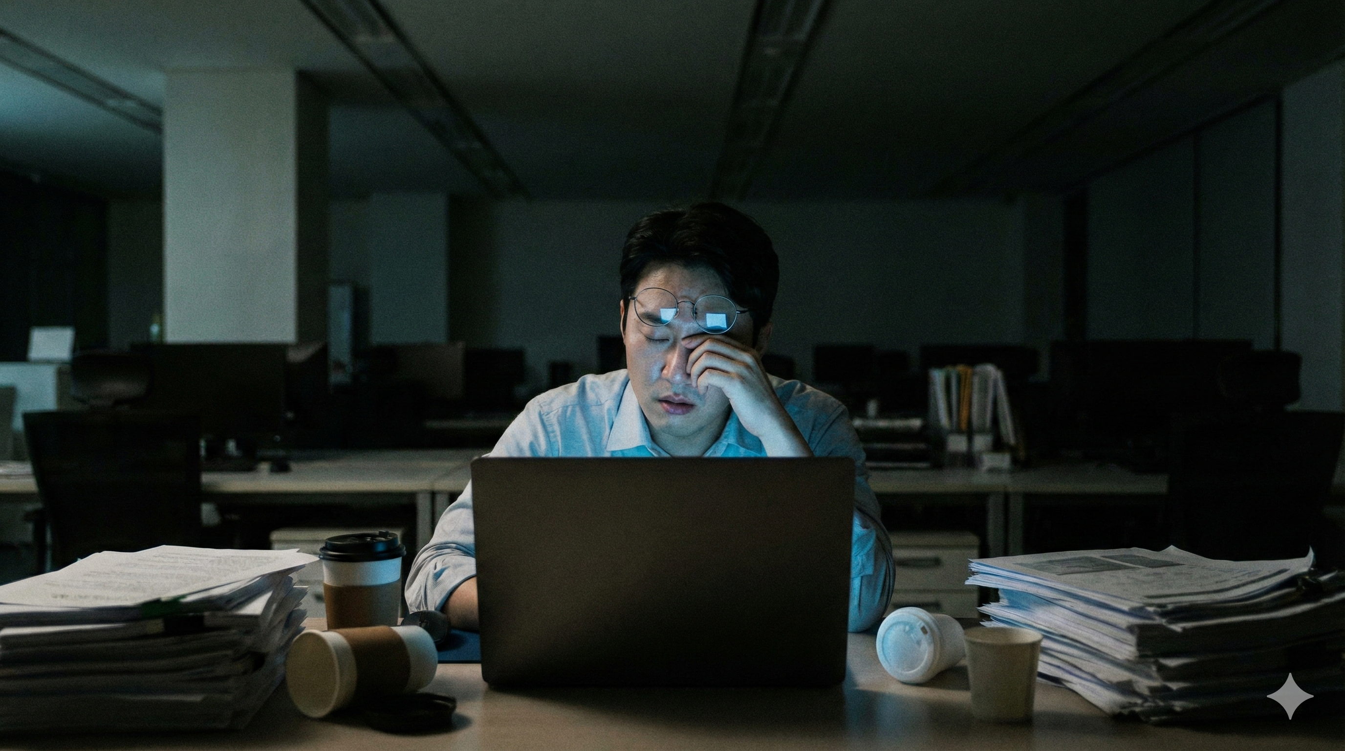 늦은 밤, 야근의 굴레에 갇혀 고민하는 김 과장의 모습
