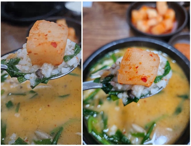 깍두기를 올려 한 입 먹기 좋게 말아낸 을지로 점심 순대국밥