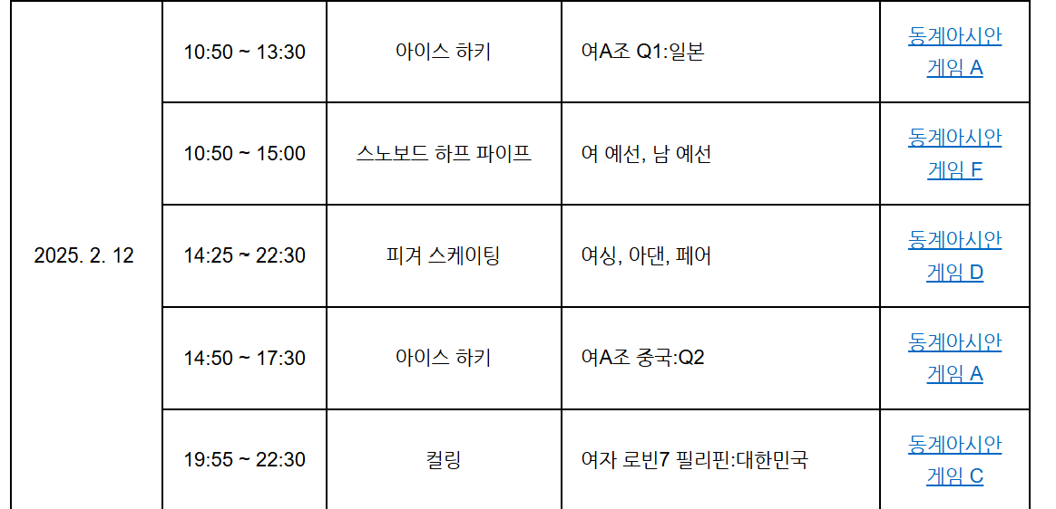하얼빈 동계 아시안 게임 모든 것 &amp; 일정 및 바로가기
