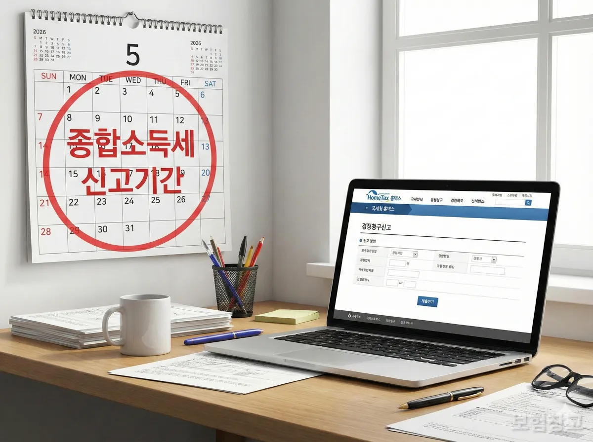 5월 달력과 홈택스 경정청구 화면이 띄워진 노트북