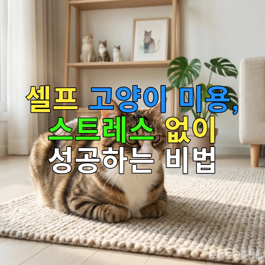 깔끔하게 미용된 한국 고양이가 현대적인 거실에서 편안하게 앉아있는 모습