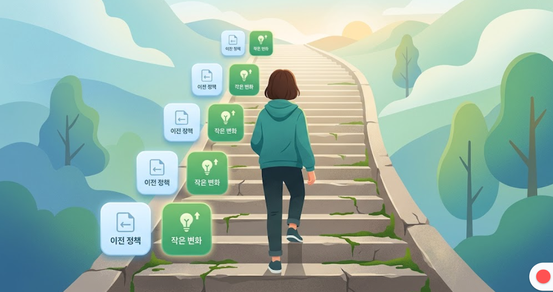 계단을 한 칸씩 조심스럽게 올라가는 사람의 뒷모습