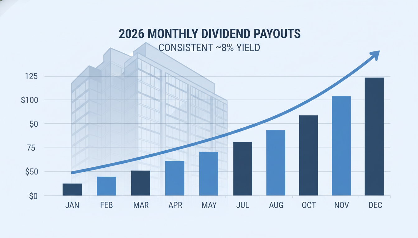 2026년 제이알글로벌리츠의 안정적인 예상 배당률을 나타내는 인포그래픽 차트