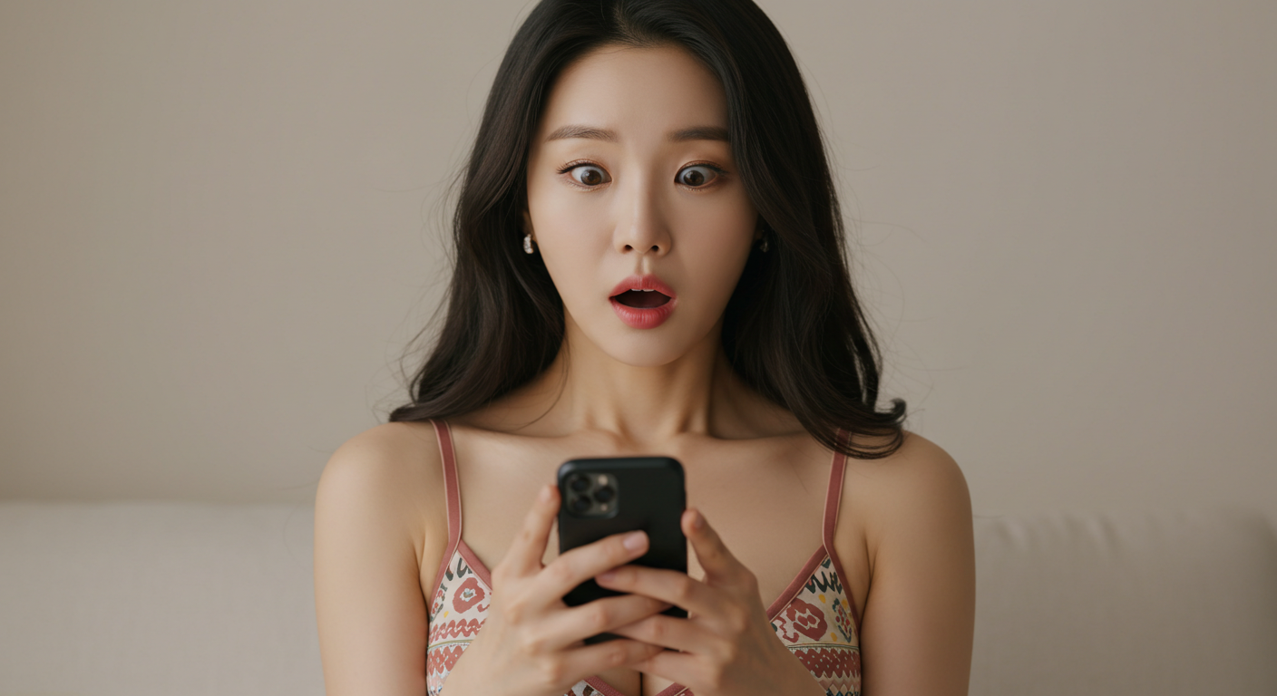 스마트폰을 보면서 놀라는 한국 여성.