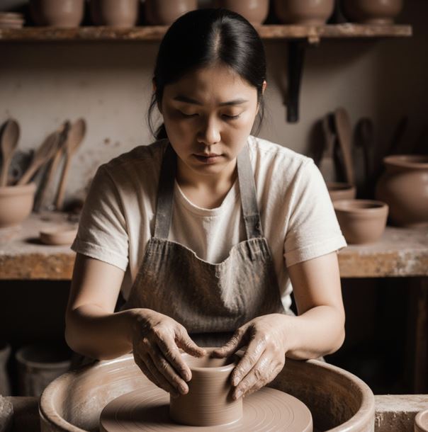 취미로 도예 공방에서 물레 앞에 앉아 집중해서 도자기를 만들고 있는 사람의 모습