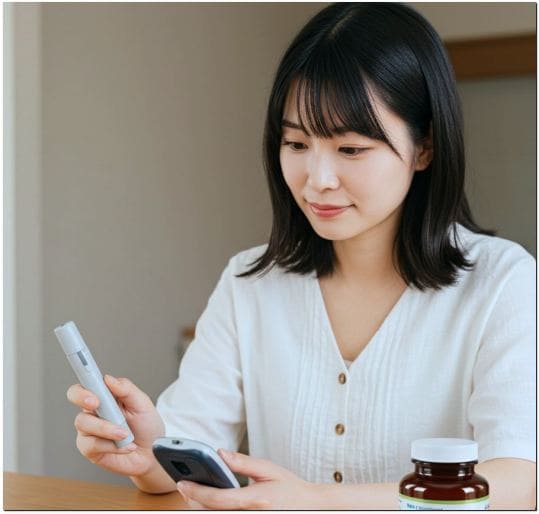 혈당 관리에도 효과적인 덱스벡스 혈행 케어 효능, 혈당 측정하는 여성 사진