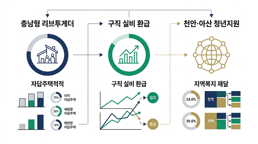 충남형 리브투게더의 주거 안심 지표, 구직 실비 환급의 취업 지원 그래프, 천안&middot;아산 청년 특화 복지 분배망을 순백색 배경 위에 정갈한 2D 플랫 플로우 차트와 한글 표식으로 명확하게 요약한 전문 행정 보고서 스타일의 인포그래픽.