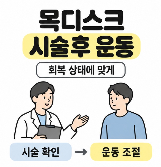 목디스크 시술후 운동 제목 아래 의료진과 환자의 상담 장면 및 시술 확인에서 운동 조절로 이어지는 안내