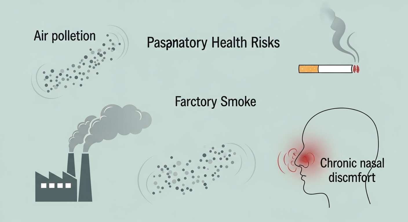 대기 오염, 흡연, 산업 공장 배출물 등 부비동암 발병 위험을 높이는 환경적 요인과 생활 습관을 나타내는 시각적 이미지.