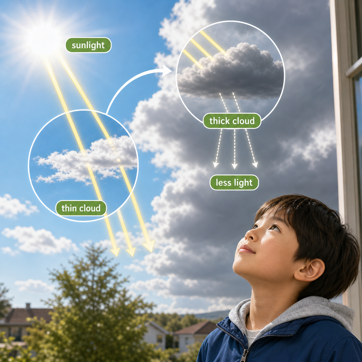 A student looking at white and gray clouds with sunlight diagrams