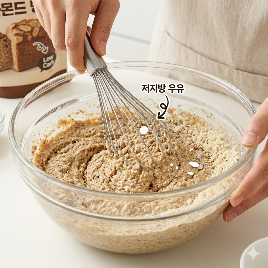 유리 볼 안에서 투명한 휘퍼를 이용해 미숫가루와 아몬드 가루, 저지방 우유 반죽을 섞고 있는 동적인 근접 촬영 사진. rustic한 질감의 베이지색 반죽이 섞이는 모습이며, 배경에는 햇살이 드는 주방 조리대와 image_1.png에서 보았던 재료들이 살짝 보임.