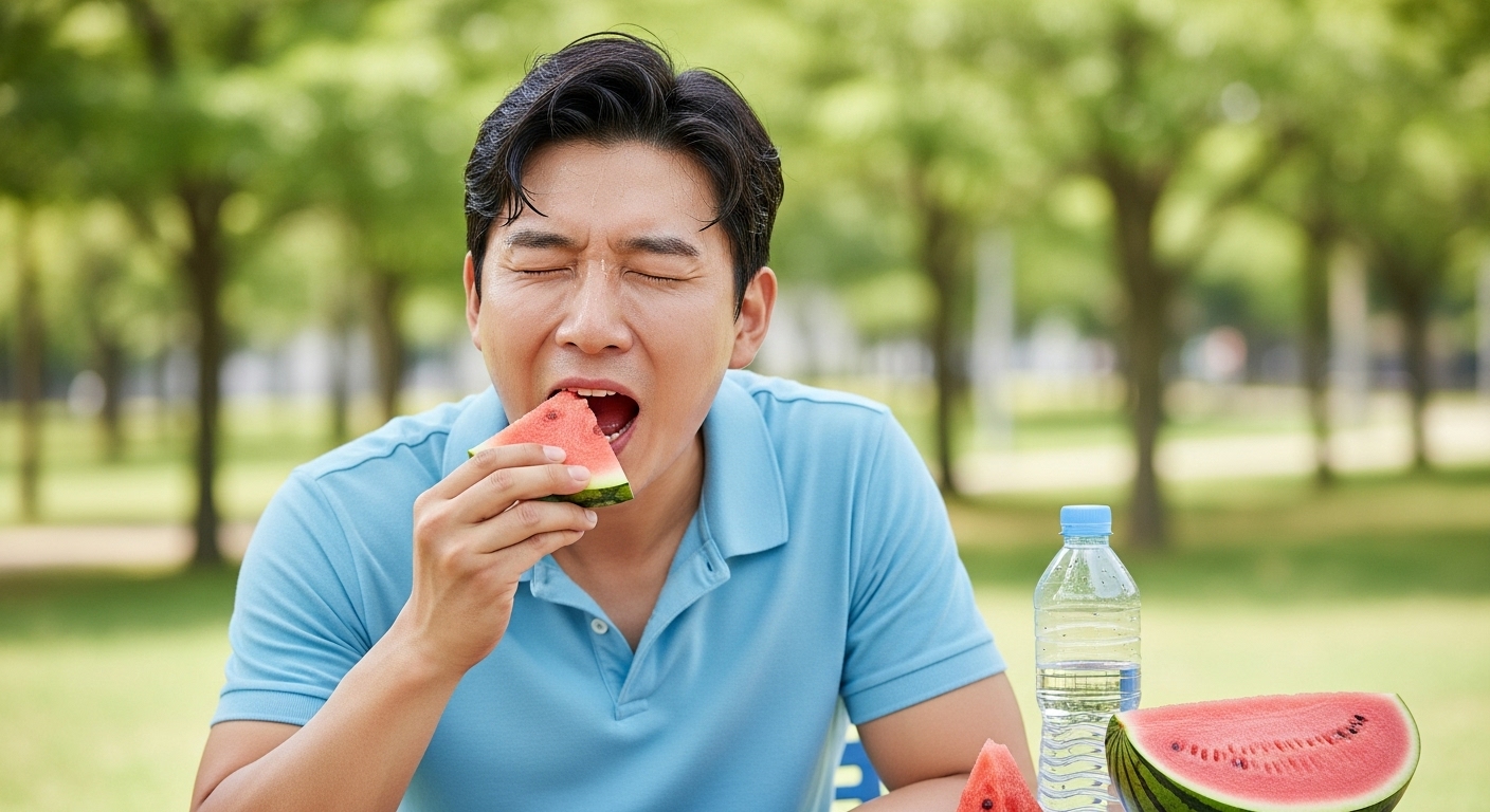 여름철 땀 흘린 후 수박으로 수분보충을 하는 남성