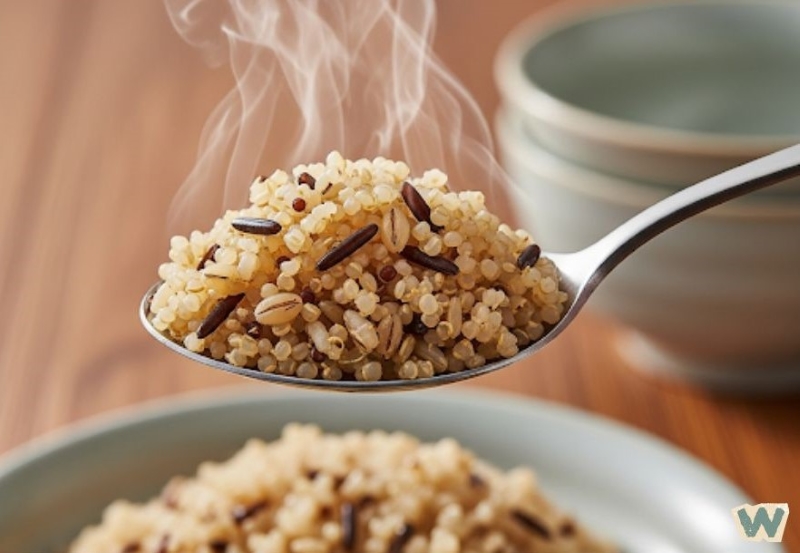 따끈한 잡곡밥을 담은 스푼 클로즈업 via canva