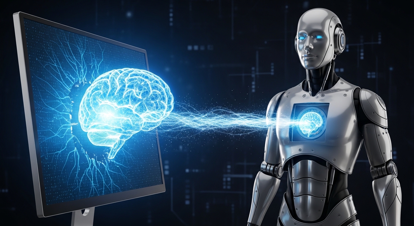 3D illustration of a brain icon in a monitor screen popping out and merging with a robot body.