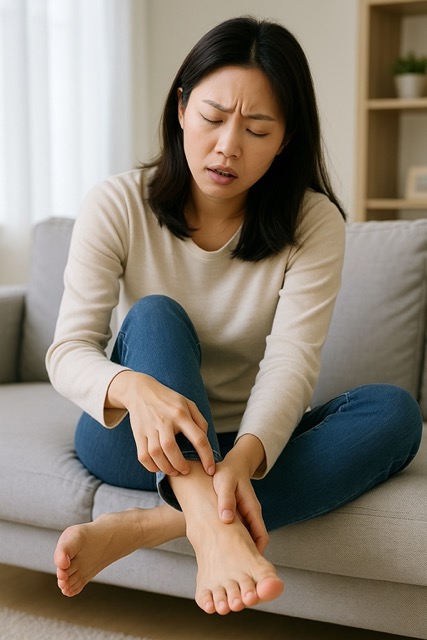 발바닥 가려움을 느끼며 긁고 있는 여성의 모습(출처: 자체제작)