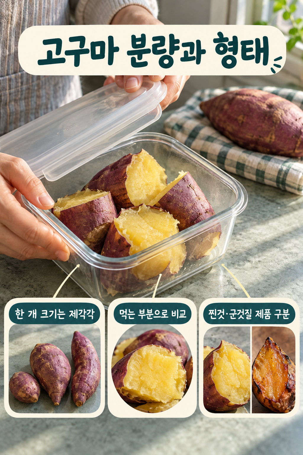 서로 크기가 다른 고구마와 찐고구마 조각 접시. 고구마 한 개와 100g은 같지 않으며, 찐고구마 먹는 부분 100g의 열량163kcal&middot;식이섬유3.8g&middot;칼륨428mg을 비교 기준으로 제시합니다.