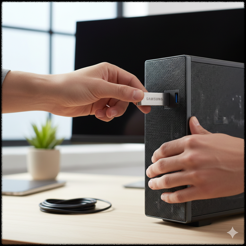 USB 포트를 교체해 외장 저장장치를 다시 연결하는 모습