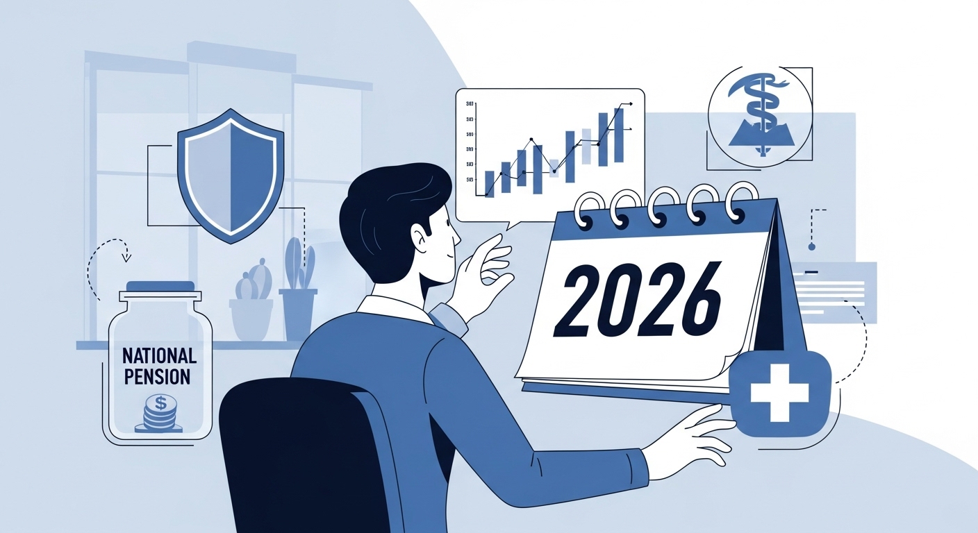 2026년 사회보험 제도 변화를 미리 확인하고 대비하는 직장인의 모습, 재정 계획과 미래를 상징하는 요소들 포함.