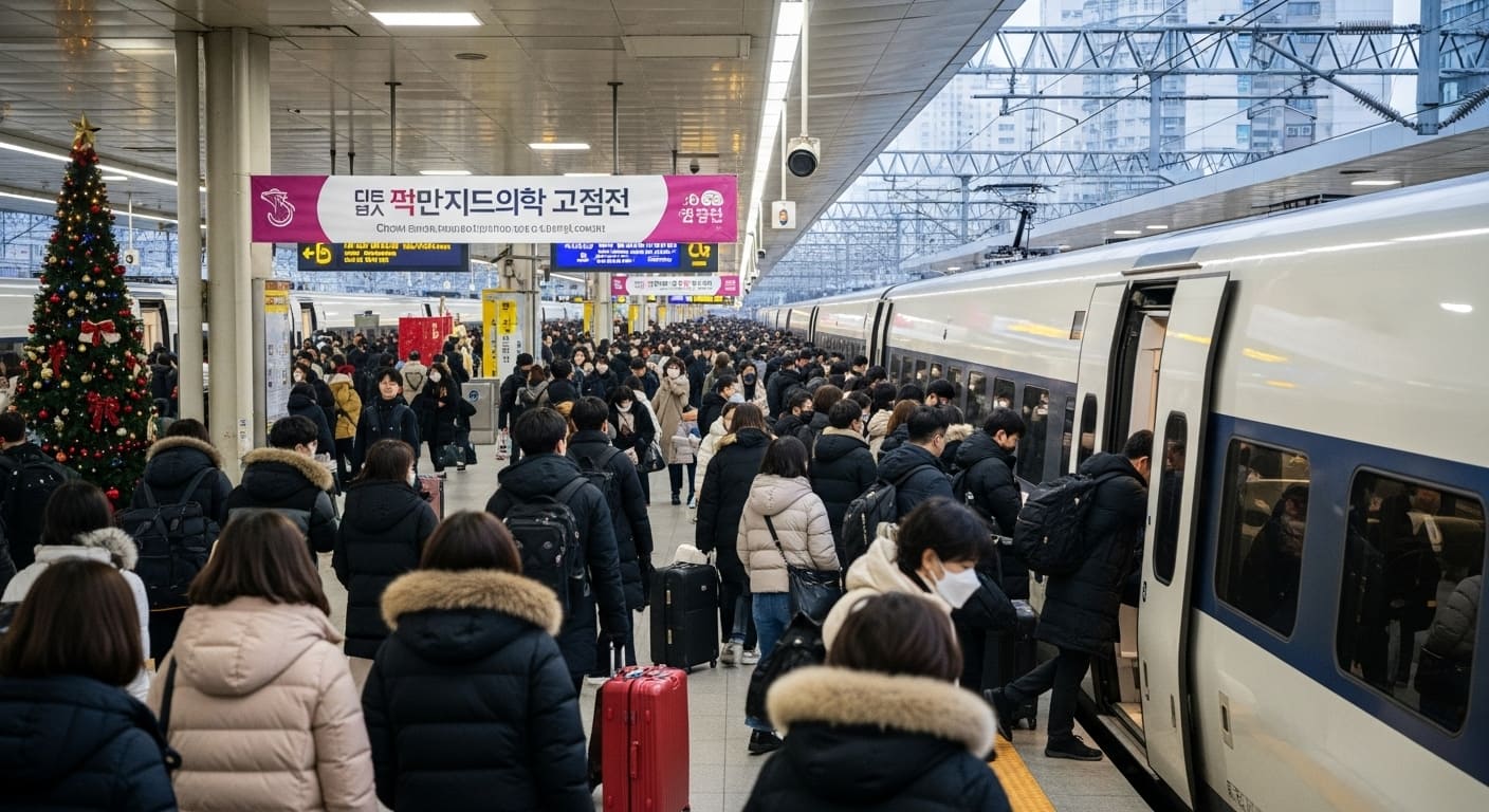 귀성객들로 붐비는 역사 승강장에서 KTX 열차에 탑승하는 군중