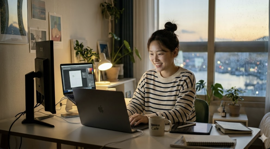 집에서 컴퓨터로 작업하는 여성이미지