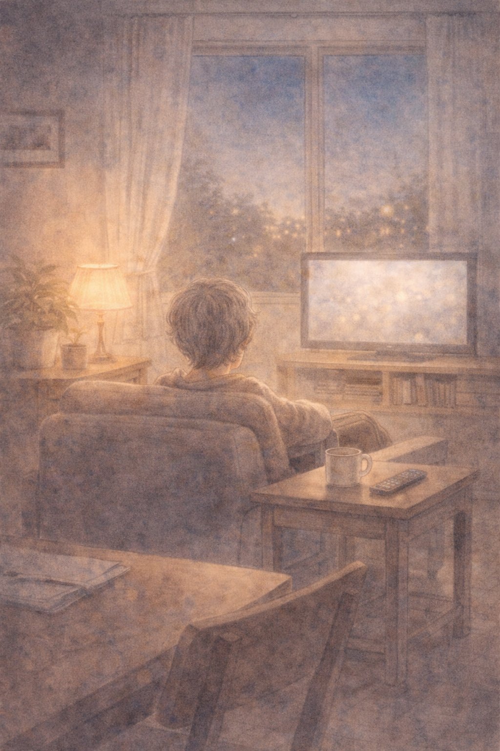 저녁의 거실에서 텔레비전 화면을 바라보며 혼자 앉아 있는 노인의 뒷모습. 조용한 실내와 멈추지 않는 화면 속 자극은 휴식처럼 보이지만, 쉬지 못하는 뇌와 현대 문명이 만든 기억 소진의 일상을 상징한다.