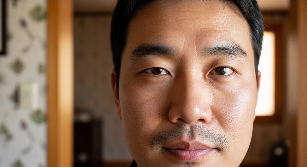한쪽 눈 떨림이 신경 쓰이는 한국인 남성의 눈가 장면 