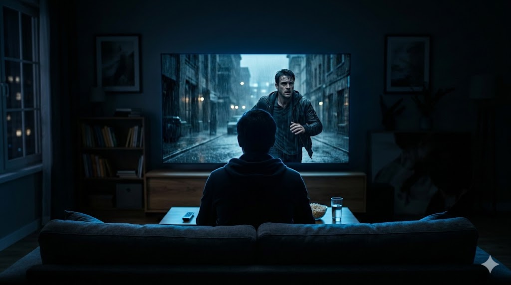 어두운 방 안에서 긴장감 넘치는 스릴러 시리즈에 몰입하고 있는 시청자의 뒷모습