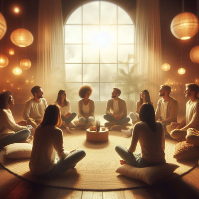 편안하게 앉아 서로 교류하는 사람들이 담겨 있는 이미지입니다. 여러 명이 서로 의견을 교환합니다.