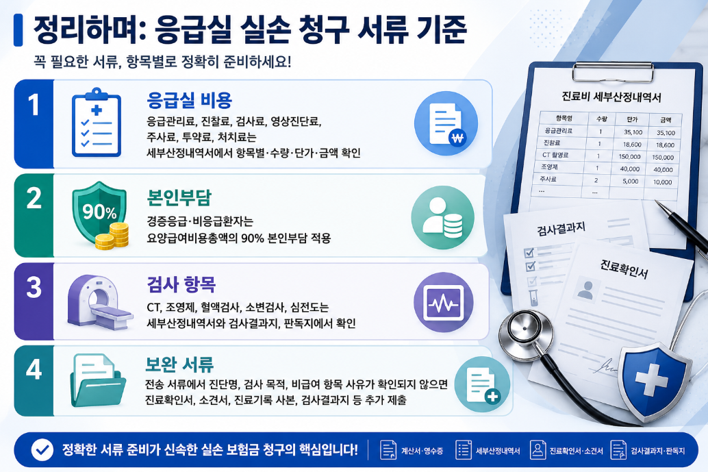 응급실 실손 청구 서류 기준의 핵심 요점과 비용, 본인부담, 검사 항목, 보완 서류를 정리한 16:9 한국어 인포그래픽