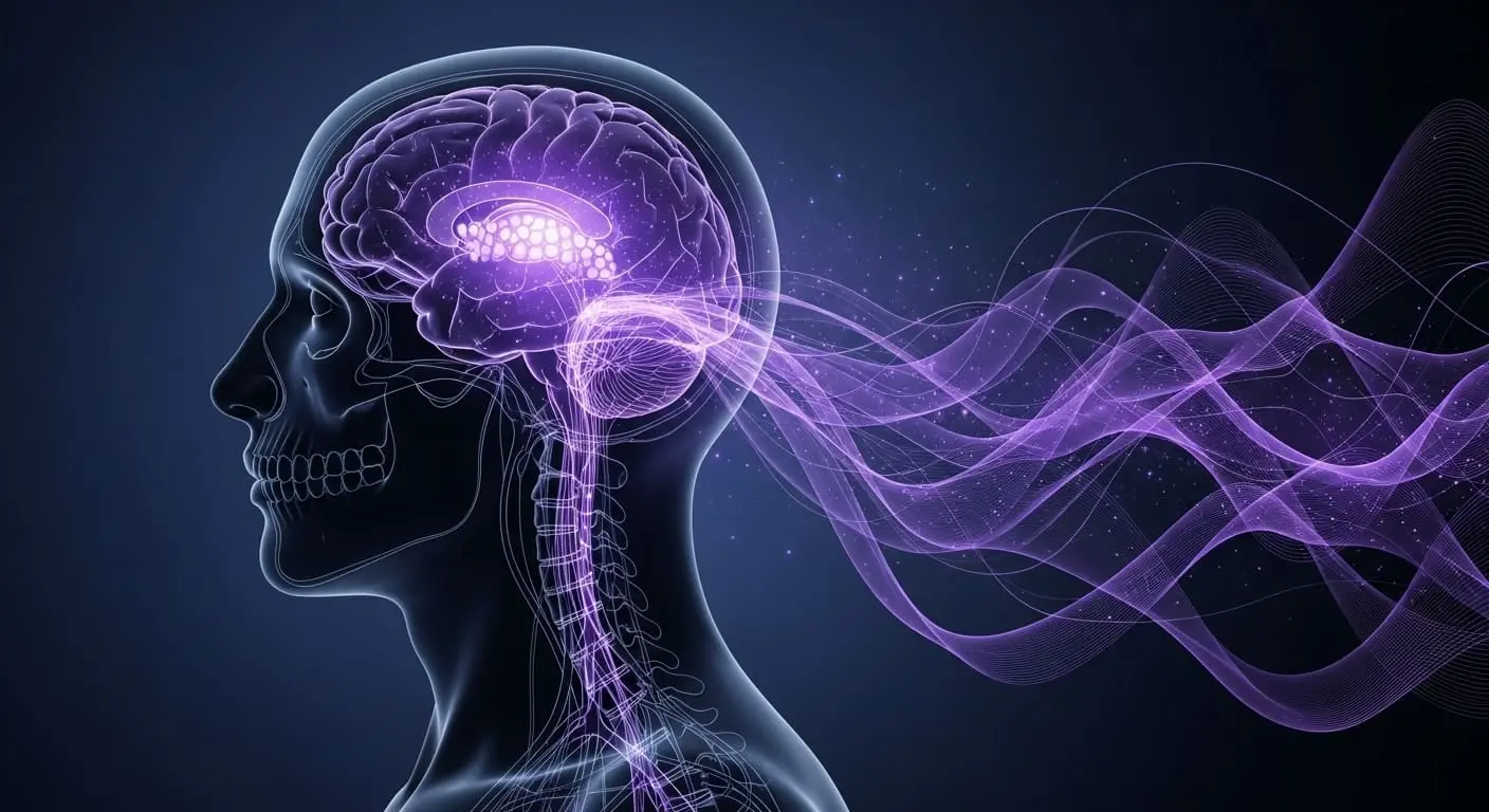 어두운 밤, 인간의 뇌 속 송과체에서 멜라토닌이 분비되어 수면 리듬을 조절하는 원리를 표현한 일러스트