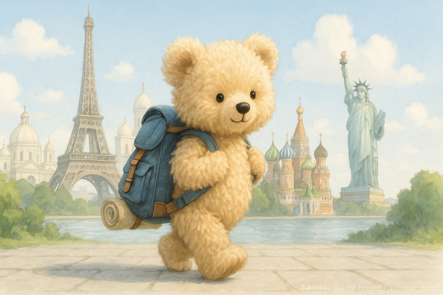 배낭을 메고 세계여행하는 곰돌이 이미지