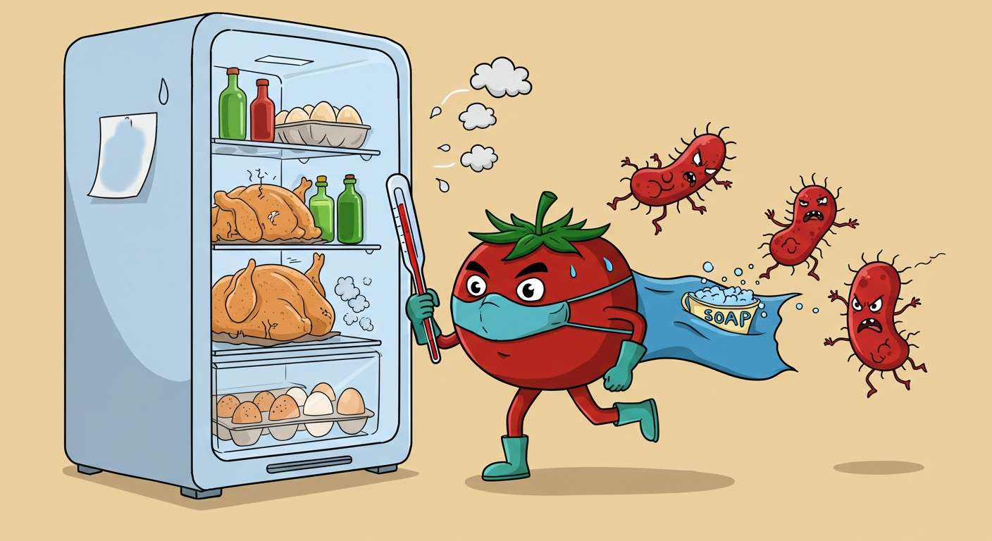 A cartoon-style refrigerator sweating in the summer heat while evil-looking salmonella and campylobacter bacteria sneak out of raw chicken and eggs. Add a superhero tomato wearing gloves and a mask, chasing the bacteria with a thermometer and soap.