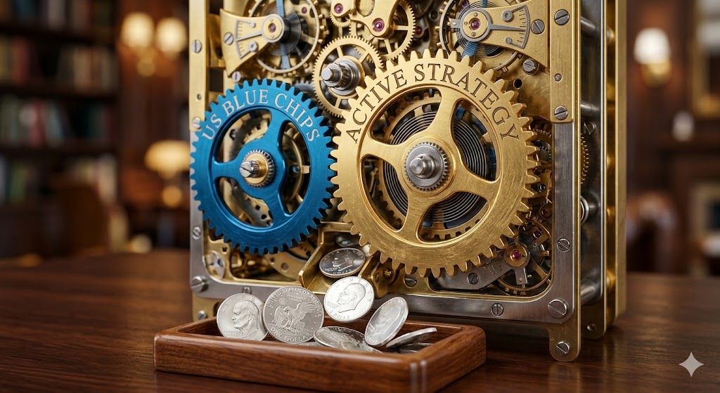 금색 톱니바퀴(전략)와 파란색 톱니바퀴(미국주)가 맞물려 달러를 만드는 모습