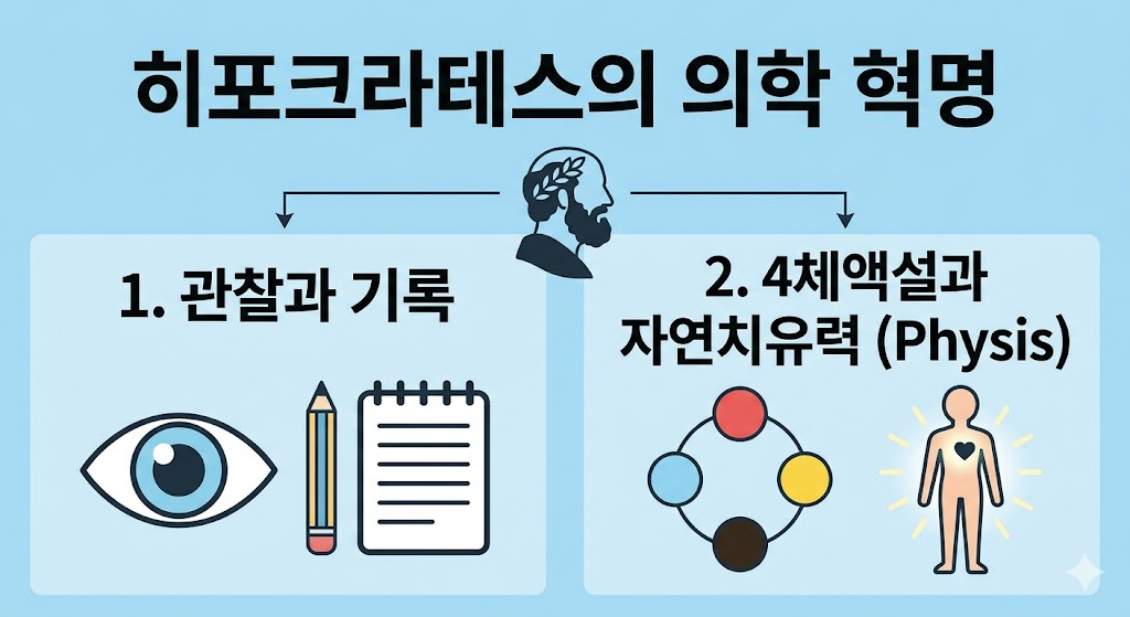 히포크라테스 흉상을 중심으로 왼쪽에는 눈과 노트 아이콘으로 관찰과 기록의 중요성을 나타내고, 오른쪽에는 사색의 원형 도표와 인체 그래픽으로 4체액설과 자연 치유력을 설명하며 의학의 과학적 기틀을 시각적으로 간결하게 표현한 플랫 디자인 이미지입니다.