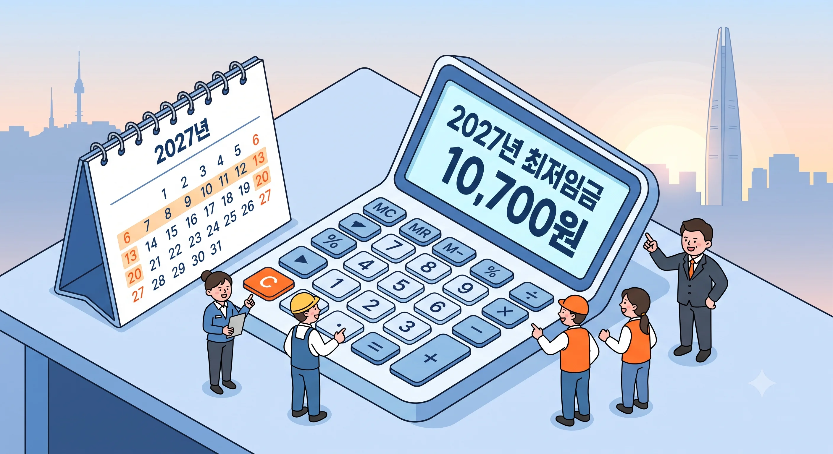2027년 최저임금 10700원 확정을 나타내는 계산기와 달력