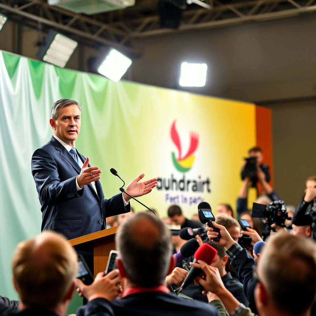 당의 대표로서 언론과 소통하며 당의 메시지를 전달하는 당대표의 모습을 부각합니다.