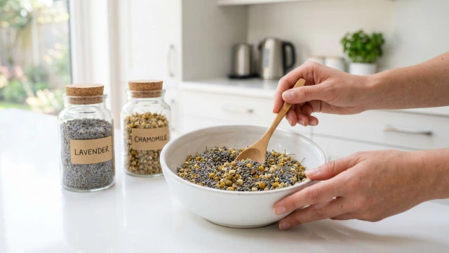 라벤더와 캐모마일을 2대1 비율로 섞어 블렌딩하는 모습