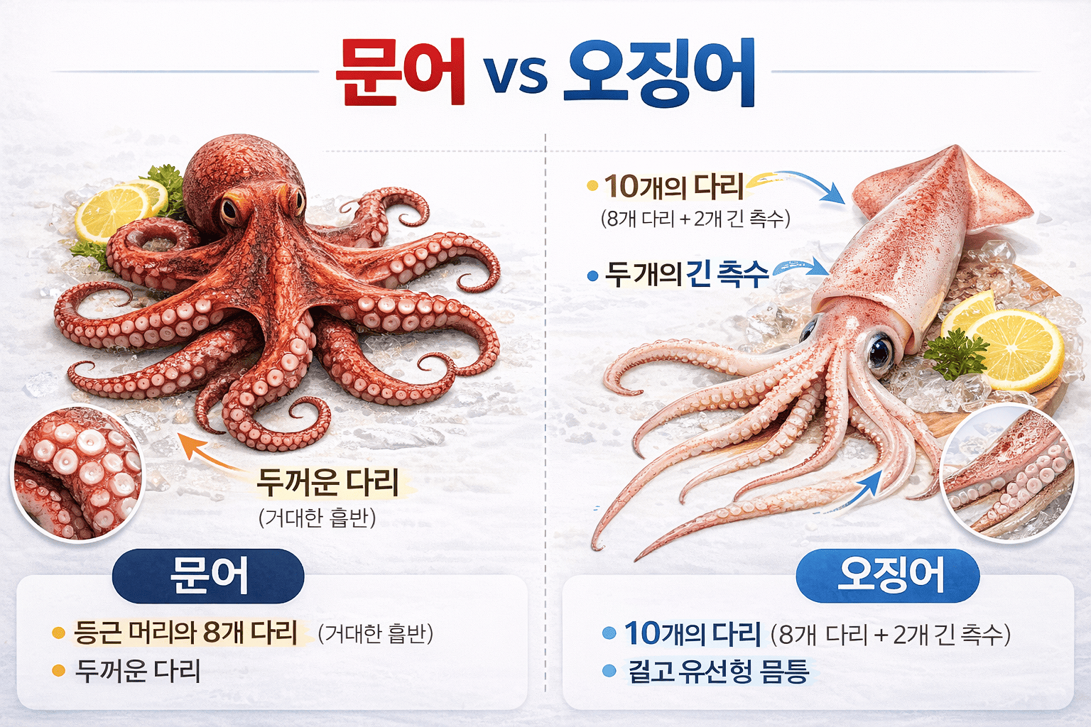 문어와 오징어의 특징과 생물학적 차이