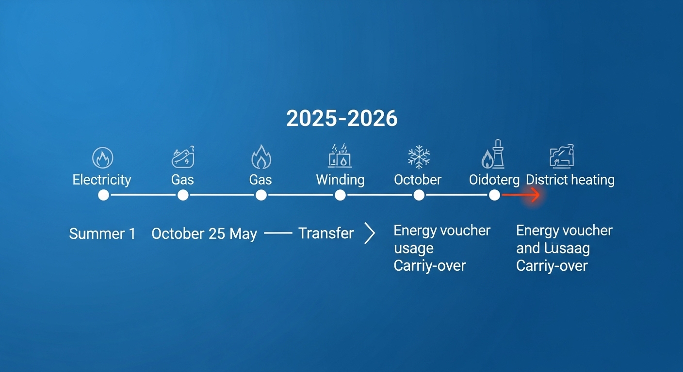 2025년 10월부터 2026년 5월까지의 에너지바우처 사용 기간을 나타내는 달력과 전기, 가스 아이콘. 하절기 잔액 이월 가능성을 보여주는 이미지.