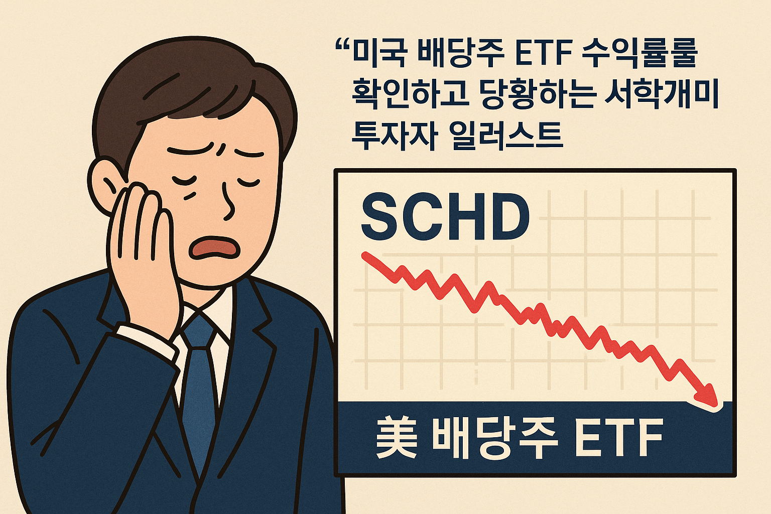 “미국 배당주 ETF 수익률을 확인하고 당황하는 서학개미 투자자 일러스트”