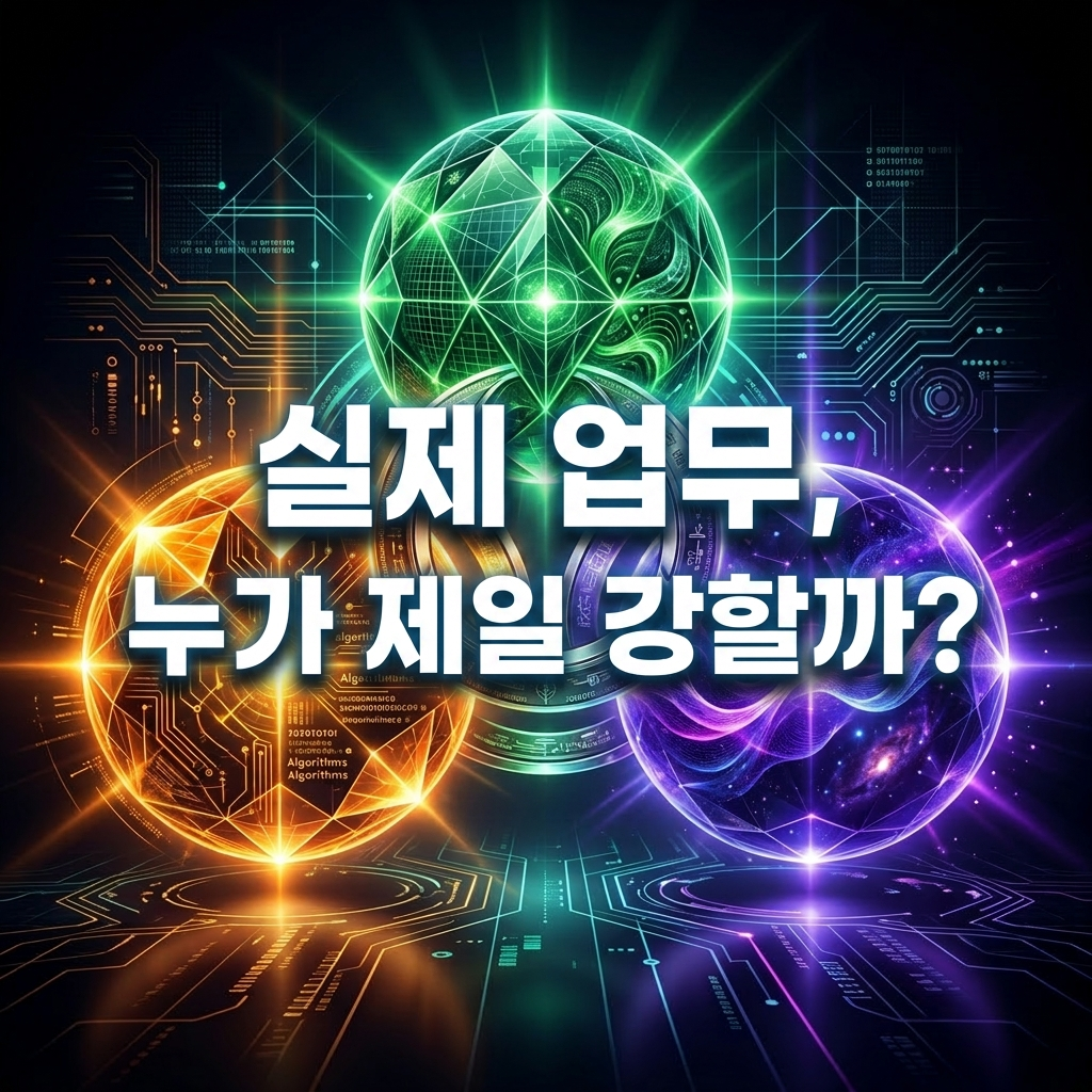 AI 3강(ChatGPT, Claude, Gemini)을 비교하며 실제 업무에서 어떤 AI가 가장 강력한지 분석하는 썸네일 이미지