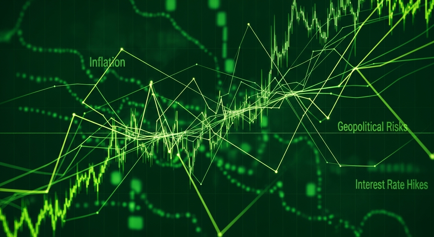 2025년 글로벌 경제 불확실성과 인플레이션 속에서 자산 간의 상관관계 변화를 보여주는 복잡한 금융 차트.